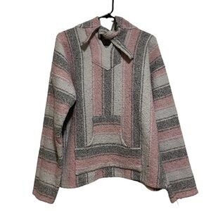 Pink and Gray Striped Baja Hooded Pullover Poncho Drug Rug Size Large